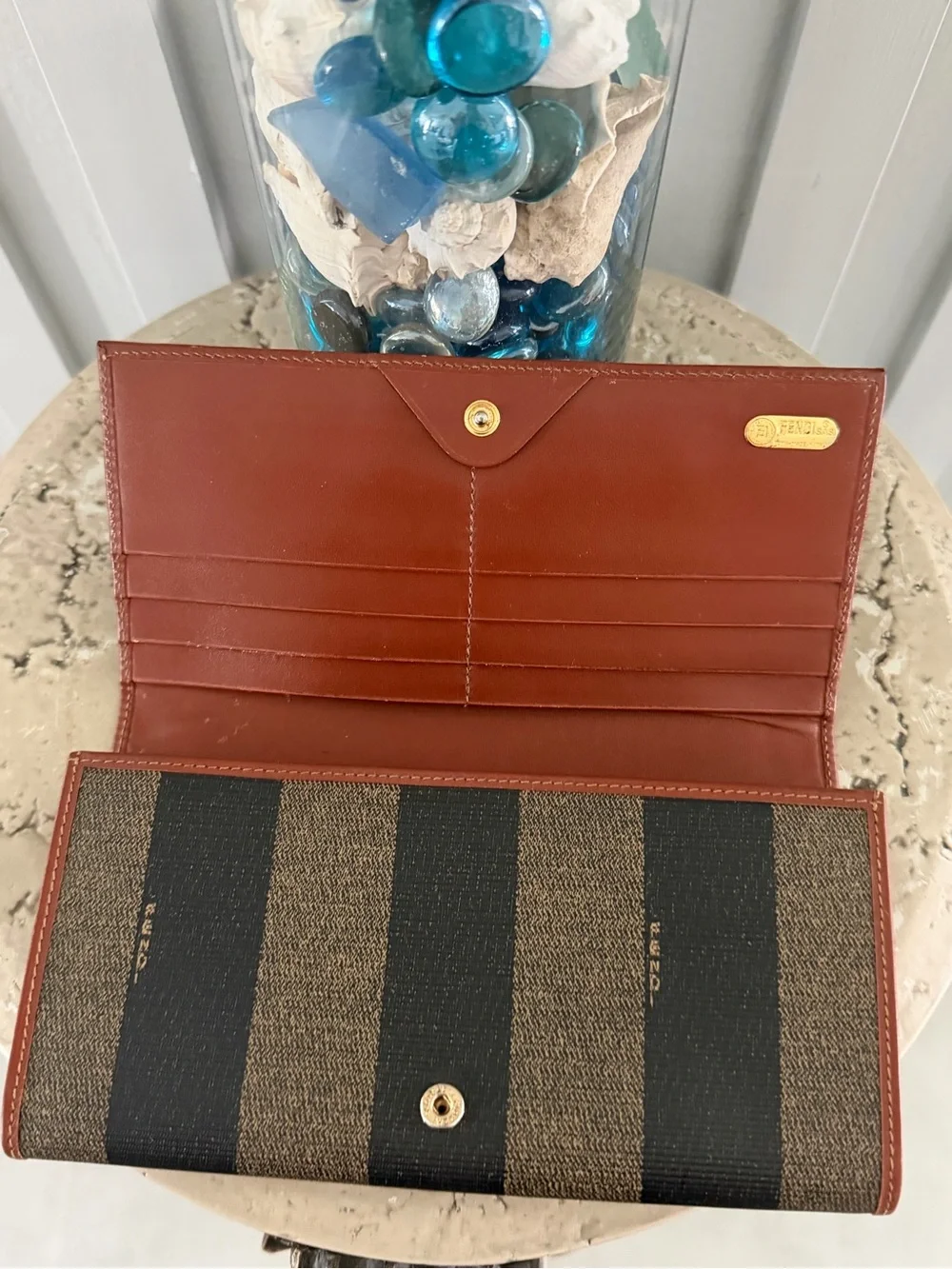 Fendi Pequin Striped Long Wallet Crossbody - Belt - tobacco/tan